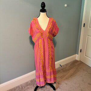 Pink embroidered long cap sleeve dress